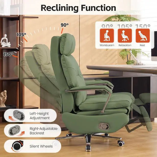 Alt view image 3 of 7 - 360° Swivel Big and Tall Faux Leather Executive Office Chairs, Green | Desk Office Chair with Footrest, Manual 150° Reclining, High Back Cushion, Silent Wheel, Recliner Chairs for Home Office