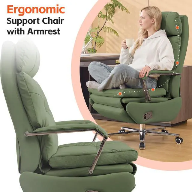 Alt view image 4 of 7 - 360° Swivel Big and Tall Faux Leather Executive Office Chairs, Green | Desk Office Chair with Footrest, Manual 150° Reclining, High Back Cushion, Silent Wheel, Recliner Chairs for Home Office