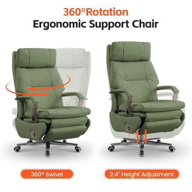 Alt view image 5 of 7 - 360° Swivel Big and Tall Faux Leather Executive Office Chairs, Green | Desk Office Chair with Footrest, Manual 150° Reclining, High Back Cushion, Silent Wheel, Recliner Chairs for Home Office