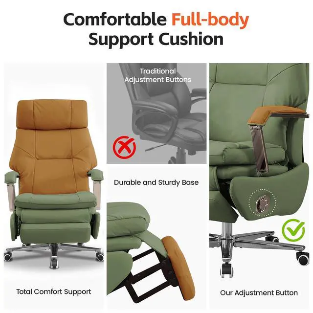 Alt view image 6 of 7 - 360° Swivel Big and Tall Faux Leather Executive Office Chairs, Green | Desk Office Chair with Footrest, Manual 150° Reclining, High Back Cushion, Silent Wheel, Recliner Chairs for Home Office