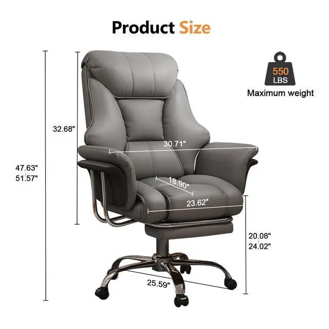 Alt view image 2 of 7 - Big and Tall Office Chair Wide Seat Ergonomic Leather Executive Desk Chair with Leg Rest, Heavy-Duty 550 lbs Adjustable Height Computer Gaming Chairs