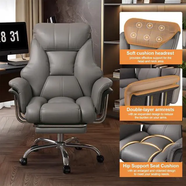 Alt view image 3 of 7 - Big and Tall Office Chair Wide Seat Ergonomic Leather Executive Desk Chair with Leg Rest, Heavy-Duty 550 lbs Adjustable Height Computer Gaming Chairs