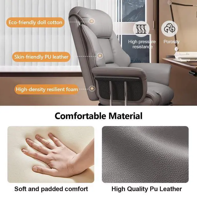 Alt view image 4 of 7 - Big and Tall Office Chair Wide Seat Ergonomic Leather Executive Desk Chair with Leg Rest, Heavy-Duty 550 lbs Adjustable Height Computer Gaming Chairs