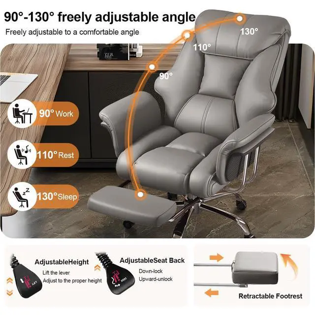 Alt view image 5 of 7 - Big and Tall Office Chair Wide Seat Ergonomic Leather Executive Desk Chair with Leg Rest, Heavy-Duty 550 lbs Adjustable Height Computer Gaming Chairs