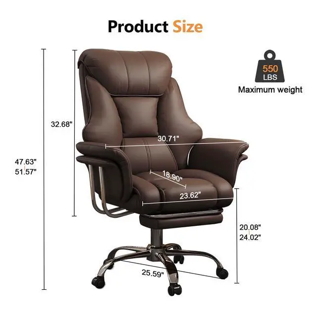 Alt view image 2 of 7 - Big and Tall Office Chair Wide Seat Ergonomic Leather Executive Desk Chair with Leg Rest, Heavy-Duty 550 lbs Adjustable Height Computer Gaming Chairs
