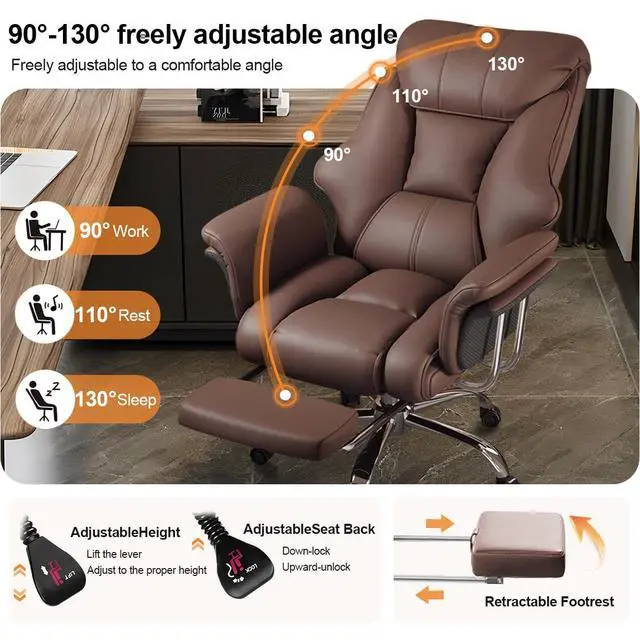 Alt view image 5 of 7 - Big and Tall Office Chair Wide Seat Ergonomic Leather Executive Desk Chair with Leg Rest, Heavy-Duty 550 lbs Adjustable Height Computer Gaming Chairs
