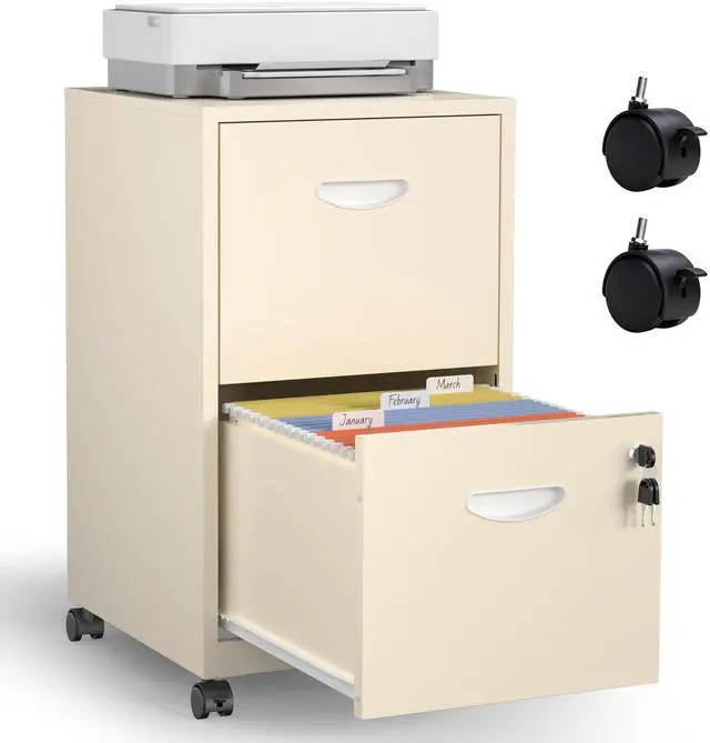 Main image of Metal 2 Drawer File Cabinet with Lock & Wheels for Office,Cream | Small Mobile File Cabinets for Home Office, Under Desk Vertical Rolling File Cabinet Fit Hanging Files, Letter & A4 Documents
