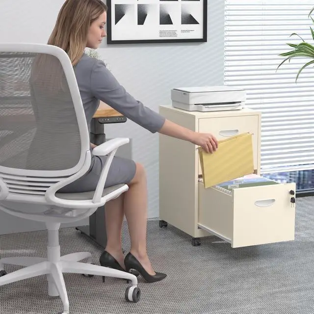 Alt view image 2 of 7 - Metal 2 Drawer File Cabinet with Lock & Wheels for Office,Cream | Small Mobile File Cabinets for Home Office, Under Desk Vertical Rolling File Cabinet Fit Hanging Files, Letter & A4 Documents