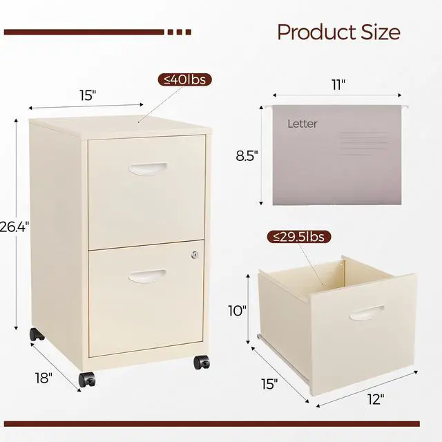 Alt view image 3 of 7 - Metal 2 Drawer File Cabinet with Lock & Wheels for Office,Cream | Small Mobile File Cabinets for Home Office, Under Desk Vertical Rolling File Cabinet Fit Hanging Files, Letter & A4 Documents