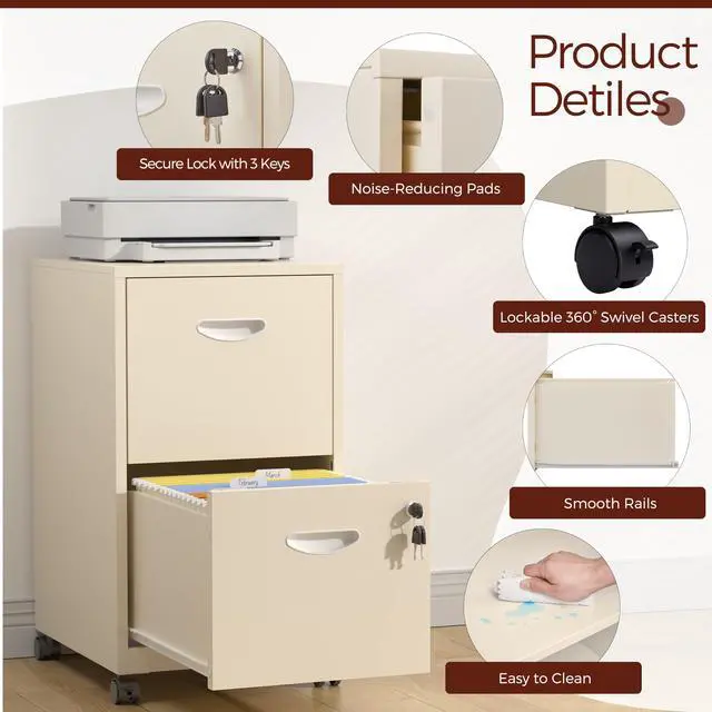 Alt view image 4 of 7 - Metal 2 Drawer File Cabinet with Lock & Wheels for Office,Cream | Small Mobile File Cabinets for Home Office, Under Desk Vertical Rolling File Cabinet Fit Hanging Files, Letter & A4 Documents
