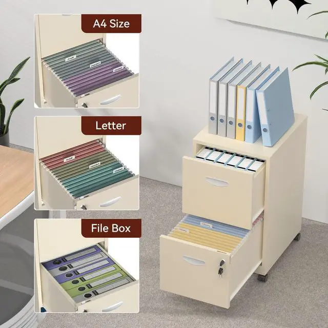 Alt view image 5 of 7 - Metal 2 Drawer File Cabinet with Lock & Wheels for Office,Cream | Small Mobile File Cabinets for Home Office, Under Desk Vertical Rolling File Cabinet Fit Hanging Files, Letter & A4 Documents