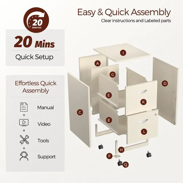 Alt view image 6 of 7 - Metal 2 Drawer File Cabinet with Lock & Wheels for Office,Cream | Small Mobile File Cabinets for Home Office, Under Desk Vertical Rolling File Cabinet Fit Hanging Files, Letter & A4 Documents