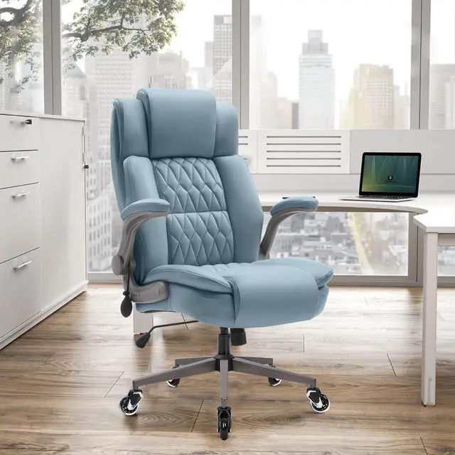 Alt view image 2 of 7 - Large High Back Office Chair - Adjustable Lumbar Support Flip Up Arms Heavy Duty Quiet Wheels Metal Base Breathable Bonded Leather Ergonomic Executive Computer Desk Chair with Storage Bags, Blue