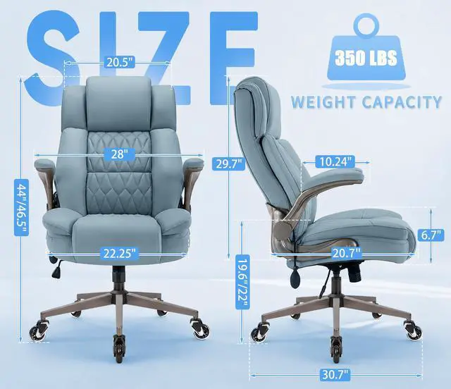 Alt view image 3 of 7 - Large High Back Office Chair - Adjustable Lumbar Support Flip Up Arms Heavy Duty Quiet Wheels Metal Base Breathable Bonded Leather Ergonomic Executive Computer Desk Chair with Storage Bags, Blue