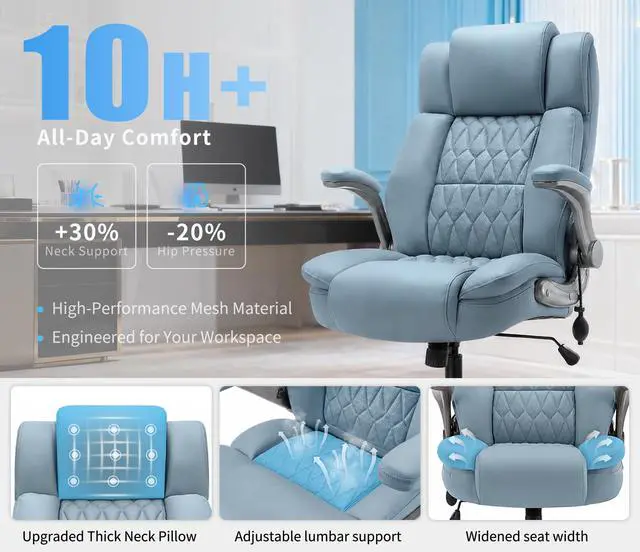 Alt view image 4 of 7 - Large High Back Office Chair - Adjustable Lumbar Support Flip Up Arms Heavy Duty Quiet Wheels Metal Base Breathable Bonded Leather Ergonomic Executive Computer Desk Chair with Storage Bags, Blue