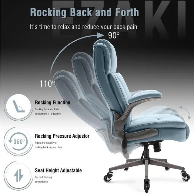 Alt view image 5 of 7 - Large High Back Office Chair - Adjustable Lumbar Support Flip Up Arms Heavy Duty Quiet Wheels Metal Base Breathable Bonded Leather Ergonomic Executive Computer Desk Chair with Storage Bags, Blue