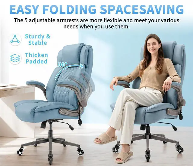 Alt view image 6 of 7 - Large High Back Office Chair - Adjustable Lumbar Support Flip Up Arms Heavy Duty Quiet Wheels Metal Base Breathable Bonded Leather Ergonomic Executive Computer Desk Chair with Storage Bags, Blue