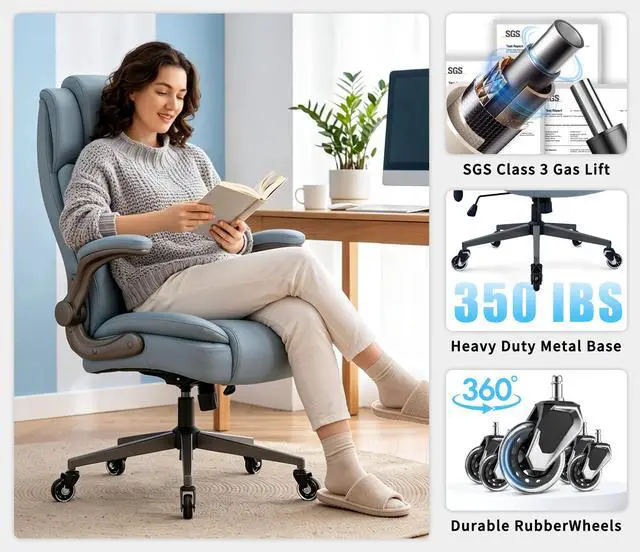 Alt view image 7 of 7 - Large High Back Office Chair - Adjustable Lumbar Support Flip Up Arms Heavy Duty Quiet Wheels Metal Base Breathable Bonded Leather Ergonomic Executive Computer Desk Chair with Storage Bags, Blue