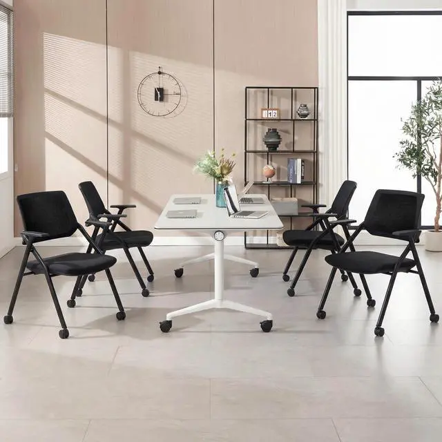 Alt view image 2 of 7 - 2 Pack Stackable & Foldable Conference Room Chairs, Mesh Guest Reception Chair with Arms, Office Chair with Ergonomic Bouncing Back for Meeting, Guest & Reception, Training & Waiting Room