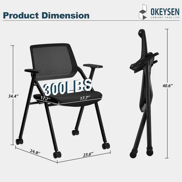 Alt view image 3 of 7 - 2 Pack Stackable & Foldable Conference Room Chairs, Mesh Guest Reception Chair with Arms, Office Chair with Ergonomic Bouncing Back for Meeting, Guest & Reception, Training & Waiting Room