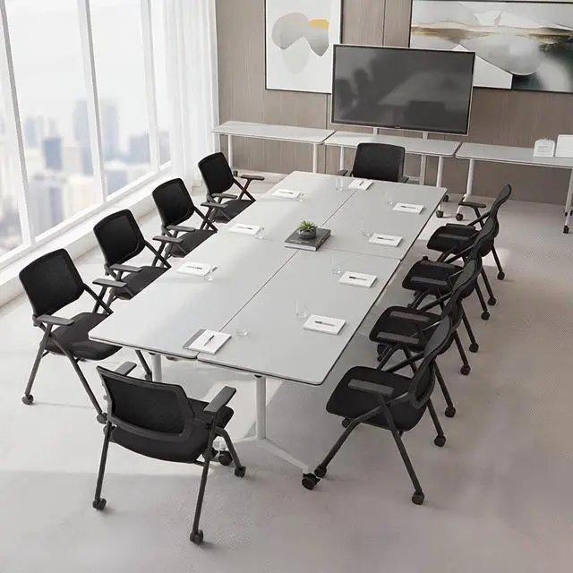 Alt view image 4 of 7 - 2 Pack Stackable & Foldable Conference Room Chairs, Mesh Guest Reception Chair with Arms, Office Chair with Ergonomic Bouncing Back for Meeting, Guest & Reception, Training & Waiting Room