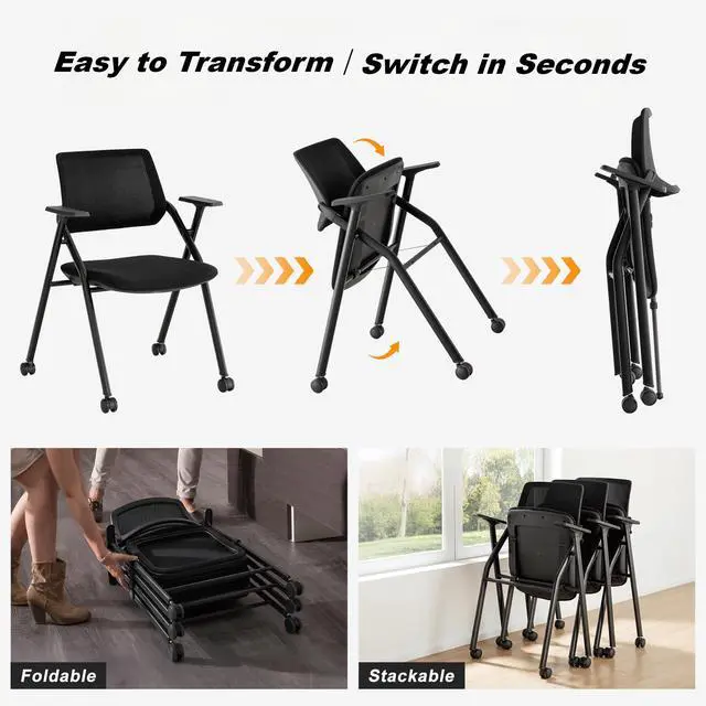 Alt view image 5 of 7 - 2 Pack Stackable & Foldable Conference Room Chairs, Mesh Guest Reception Chair with Arms, Office Chair with Ergonomic Bouncing Back for Meeting, Guest & Reception, Training & Waiting Room