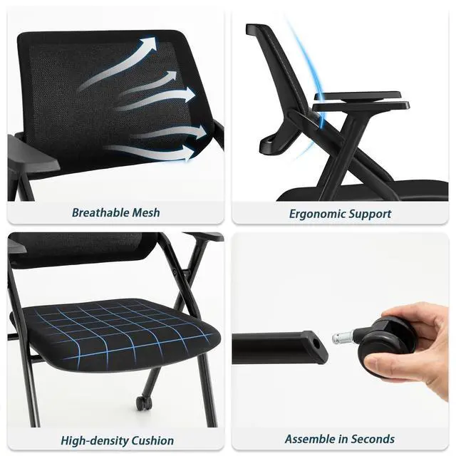 Alt view image 6 of 7 - 2 Pack Stackable & Foldable Conference Room Chairs, Mesh Guest Reception Chair with Arms, Office Chair with Ergonomic Bouncing Back for Meeting, Guest & Reception, Training & Waiting Room