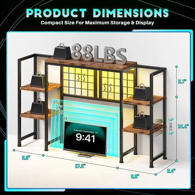 Alt view image 2 of 7 - 5-Tier Desk Shelf with LED for Home Office Dorm, Rustic Brown | Students & Remote Workers, Wood & Steel, Holds 88 Lbs, Adjustable Shelves & Grid Panel With 4 Hooks