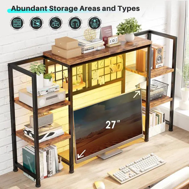 Alt view image 4 of 7 - 5-Tier Desk Shelf with LED for Home Office Dorm, Rustic Brown | Students & Remote Workers, Wood & Steel, Holds 88 Lbs, Adjustable Shelves & Grid Panel With 4 Hooks