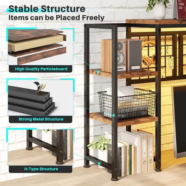 Alt view image 5 of 7 - 5-Tier Desk Shelf with LED for Home Office Dorm, Rustic Brown | Students & Remote Workers, Wood & Steel, Holds 88 Lbs, Adjustable Shelves & Grid Panel With 4 Hooks