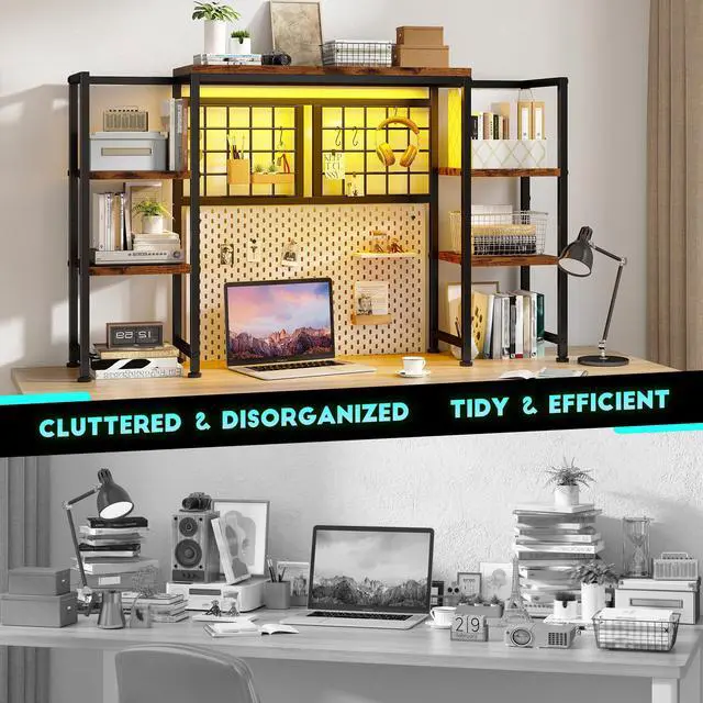 Alt view image 7 of 7 - 5-Tier Desk Shelf with LED for Home Office Dorm, Rustic Brown | Students & Remote Workers, Wood & Steel, Holds 88 Lbs, Adjustable Shelves & Grid Panel With 4 Hooks