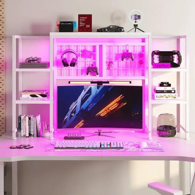 Main image of 5-Tier Desk Shelf with LED for Home Office Dorm, White | Students & Remote Workers, Wood & Steel, Holds 88 Lbs, Adjustable Shelves & Grid Panel With 4 Hooks