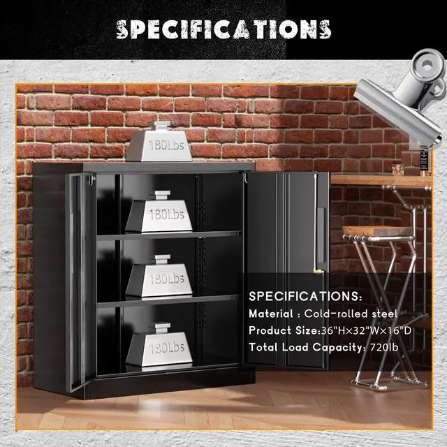 Alt view image 4 of 7 - Metal Garage Storage Cabinet, 36" Locking File Cabinet with Adjustable Shelves and 2 Doors for Home Office,School, Black
