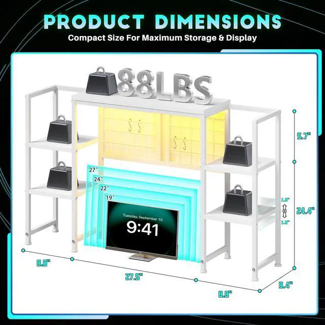 Alt view image 2 of 7 - 5-Tier Desk Shelf with LED for Home Office Dorm, White | Students & Remote Workers, Wood & Steel, Holds 88 Lbs, Adjustable Shelves & Grid Panel With 4 Hooks