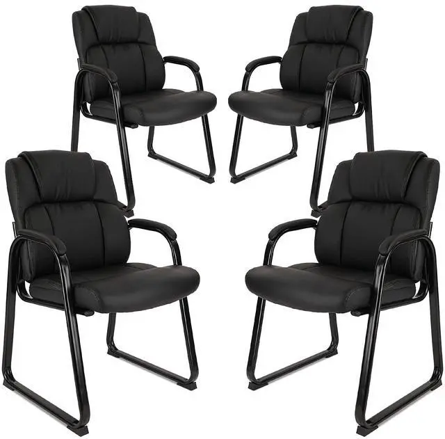 Main image of Classic Leather Soft Reception Chair with Padded Armrests and Sled Base, Executive Guest Chair for Office Computer Desk Conference Waiting Meeting Room, Black (4 Pack)