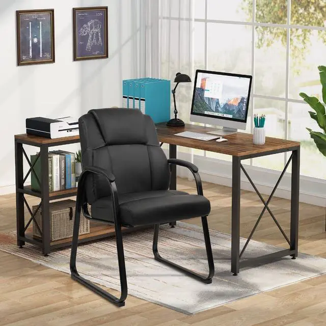 Alt view image 2 of 7 - Classic Leather Soft Reception Chair with Padded Armrests and Sled Base, Executive Guest Chair for Office Computer Desk Conference Waiting Meeting Room, Black (4 Pack)