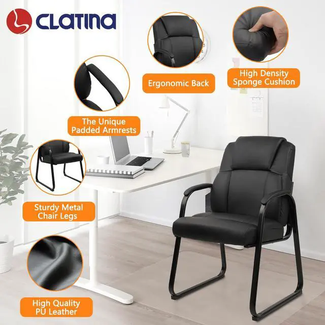 Alt view image 4 of 7 - Classic Leather Soft Reception Chair with Padded Armrests and Sled Base, Executive Guest Chair for Office Computer Desk Conference Waiting Meeting Room, Black (4 Pack)