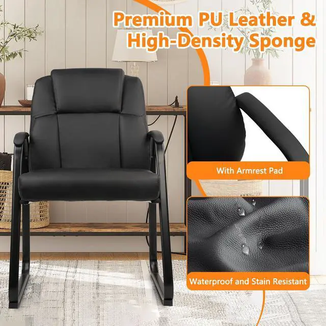 Alt view image 5 of 7 - Classic Leather Soft Reception Chair with Padded Armrests and Sled Base, Executive Guest Chair for Office Computer Desk Conference Waiting Meeting Room, Black (4 Pack)