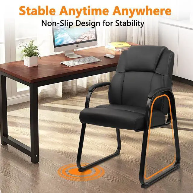 Alt view image 7 of 7 - Classic Leather Soft Reception Chair with Padded Armrests and Sled Base, Executive Guest Chair for Office Computer Desk Conference Waiting Meeting Room, Black (4 Pack)