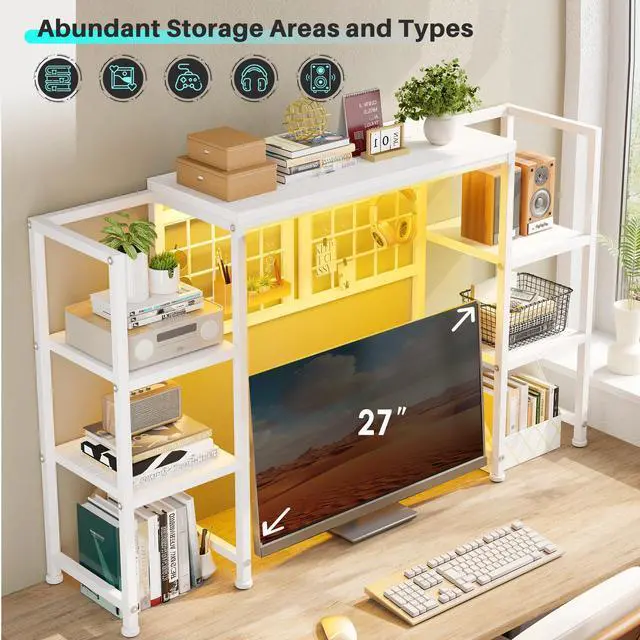 Alt view image 4 of 7 - 5-Tier Desk Shelf with LED for Home Office Dorm, White | Students & Remote Workers, Wood & Steel, Holds 88 Lbs, Adjustable Shelves & Grid Panel With 4 Hooks
