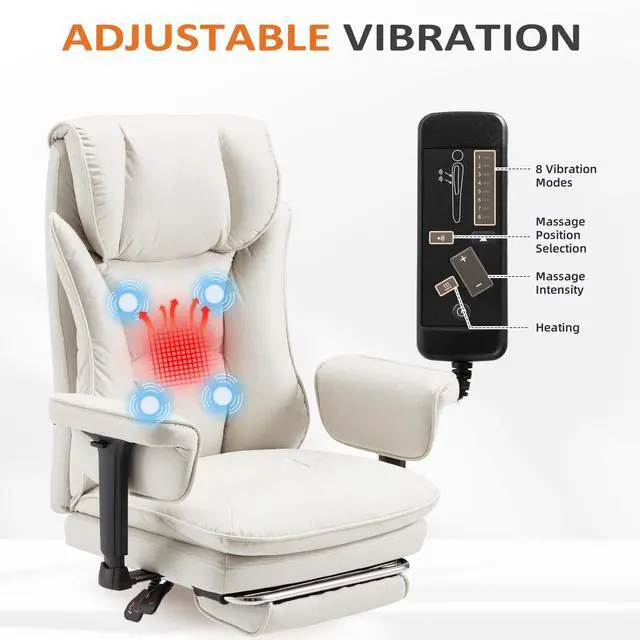 Alt view image 4 of 7 - Ergonomic Massage Office Chair with Heat | 155° Reclining High Back Executive Desk Chair, 4-Point Vibration, Lumbar Support, Adjustable Armrests for Home Office, Beige