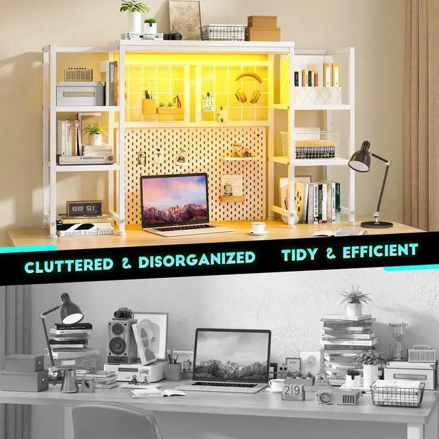 Alt view image 7 of 7 - 5-Tier Desk Shelf with LED for Home Office Dorm, White | Students & Remote Workers, Wood & Steel, Holds 88 Lbs, Adjustable Shelves & Grid Panel With 4 Hooks