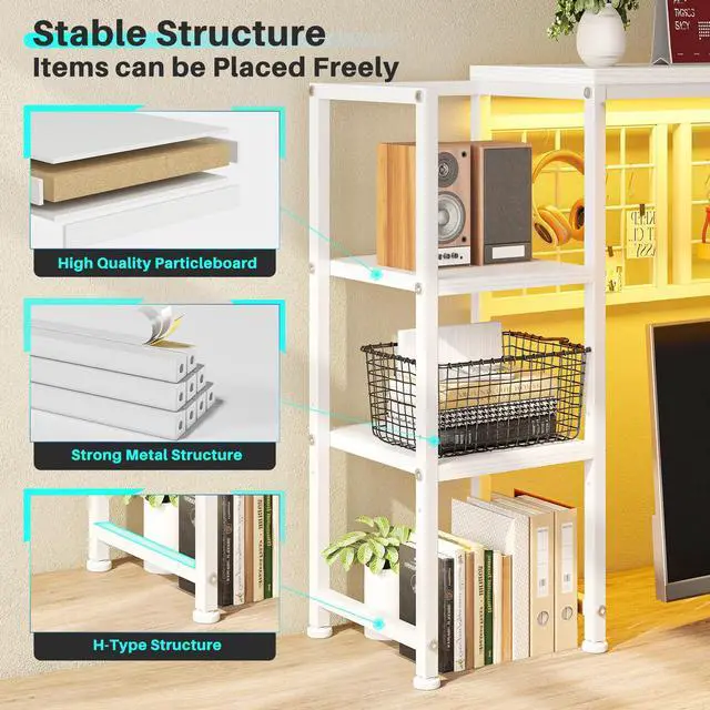 Alt view image 5 of 7 - 5-Tier Desk Shelf with LED for Home Office Dorm, White | Students & Remote Workers, Wood & Steel, Holds 88 Lbs, Adjustable Shelves & Grid Panel With 4 Hooks