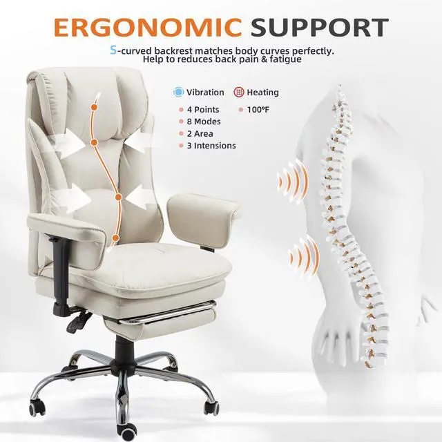 Alt view image 6 of 7 - Ergonomic Massage Office Chair with Heat | 155° Reclining High Back Executive Desk Chair, 4-Point Vibration, Lumbar Support, Adjustable Armrests for Home Office, Beige