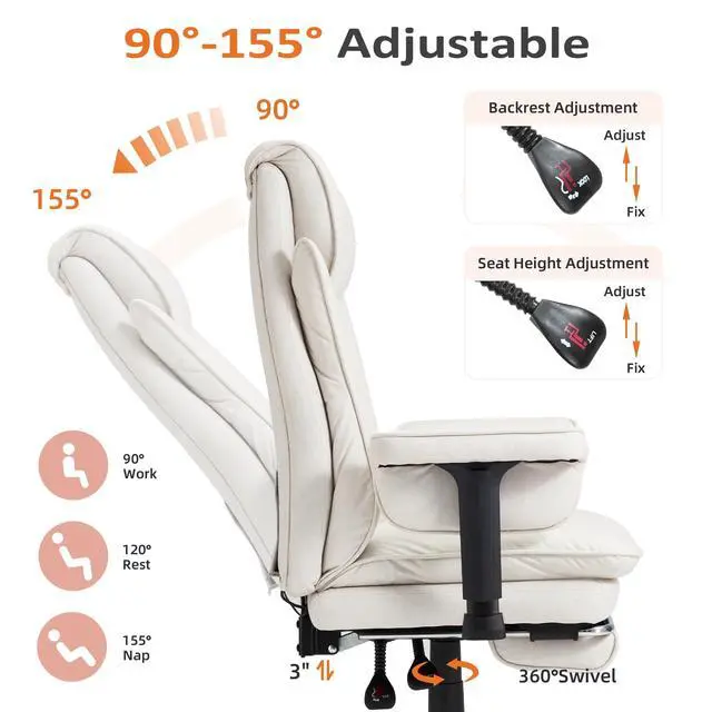 Alt view image 5 of 7 - Ergonomic Massage Office Chair with Heat | 155° Reclining High Back Executive Desk Chair, 4-Point Vibration, Lumbar Support, Adjustable Armrests for Home Office, Beige