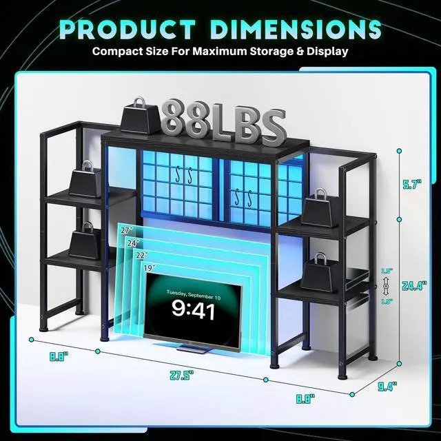 Alt view image 2 of 7 - 5-Tier Desk Shelf with LED for Home Office Dorm, Black | Students & Remote Workers, Wood & Steel, Holds 88 Lbs, Adjustable Shelves & Grid Panel With 4 Hooks