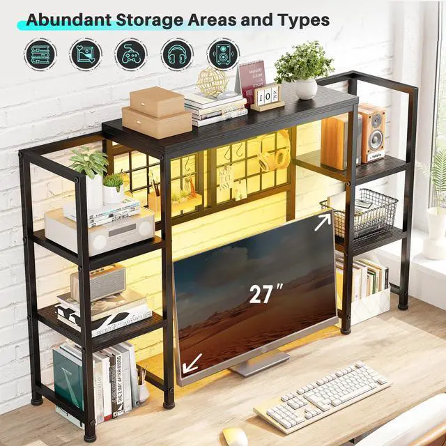 Alt view image 4 of 7 - 5-Tier Desk Shelf with LED for Home Office Dorm, Black | Students & Remote Workers, Wood & Steel, Holds 88 Lbs, Adjustable Shelves & Grid Panel With 4 Hooks