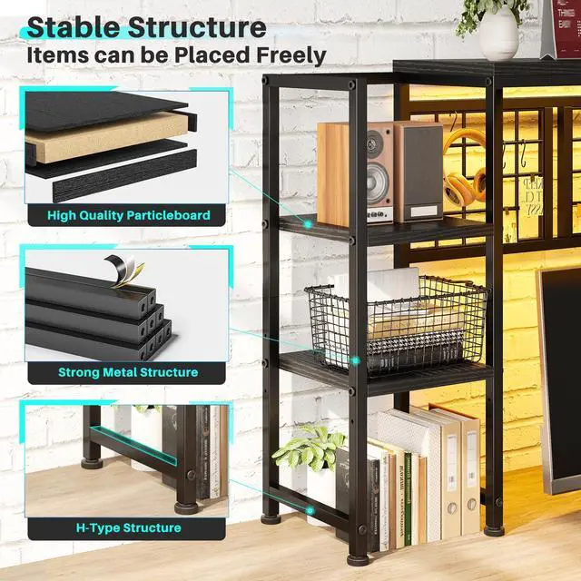 Alt view image 5 of 7 - 5-Tier Desk Shelf with LED for Home Office Dorm, Black | Students & Remote Workers, Wood & Steel, Holds 88 Lbs, Adjustable Shelves & Grid Panel With 4 Hooks