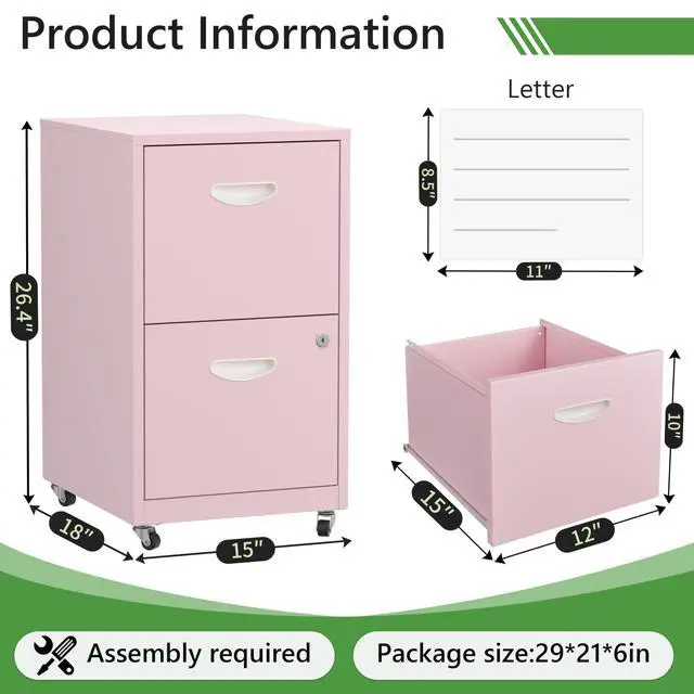 Alt view image 3 of 7 - 2 Drawer Rolling File Cabinet with Lock,Filing Cabinets for Home Office,Two Drawer File Cabinet, Mobile Under Desk File Cabinets,Printer Stand with Wheels Fit Letter/A4,Assembly Required