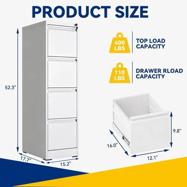 Alt view image 3 of 7 - 4 Drawer File Cabinet with Lock, Vertical Metal Filing Cabinet White | 52.3"H x 15"W x 18"D Office Storage Cabinet for Home Office, Fit Letter, Legal, A4 and F4, Assembly Required